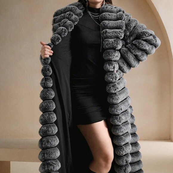 Black And White Fluffy Women's Mid-Length Coat - Picture 4 of 8